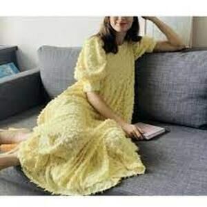 Zara Voluminous Yellow Textured Weave Puff Sleeve Midi Dress Size XS 2339/301